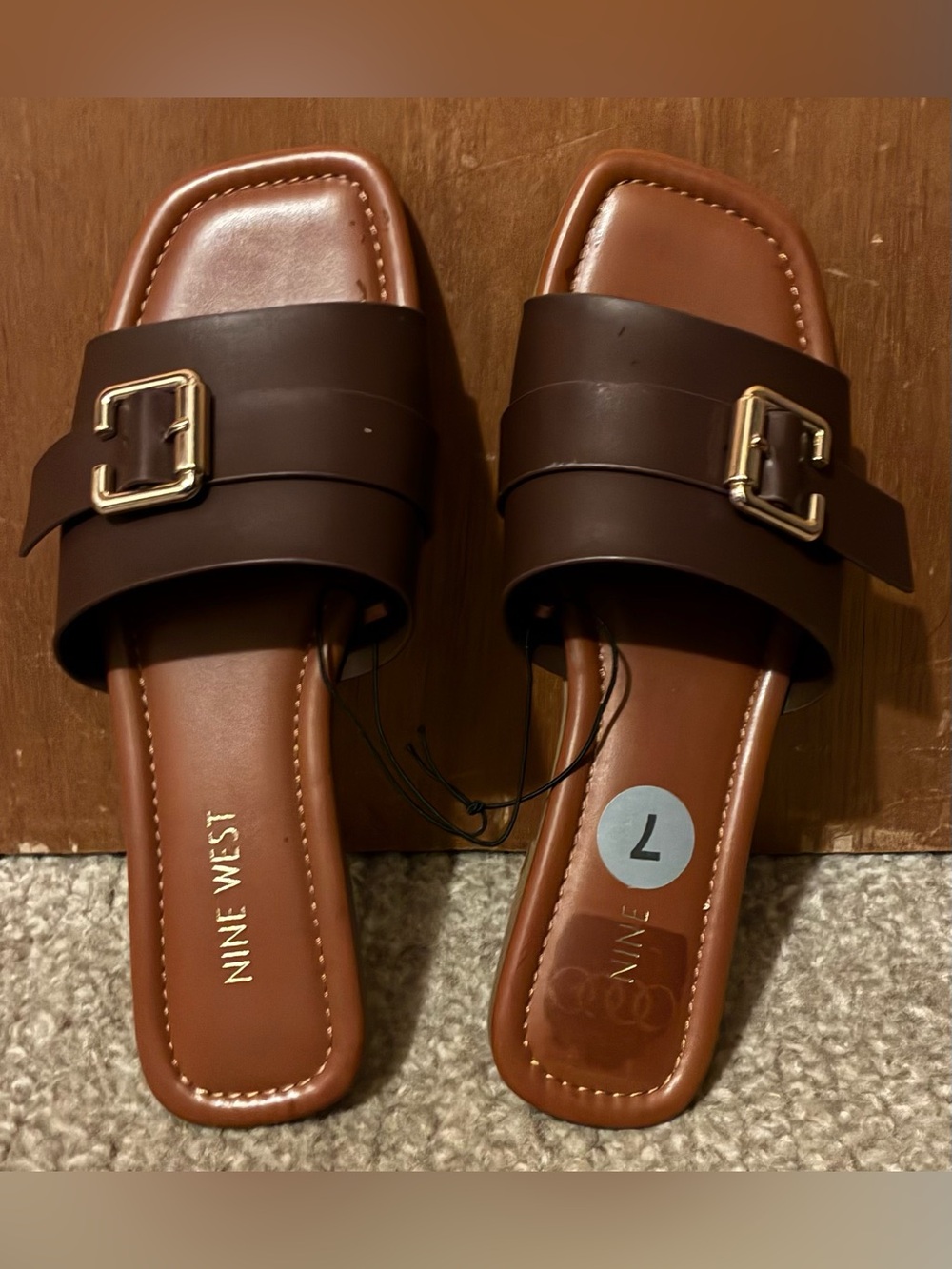 Nine West Dark Brown Double-Strap Slide Sandals with Gold Buckles